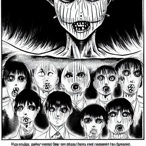 Image similar to manga panel, junji ito, body horror, horror, terrifying, nightmare fuel, scary,