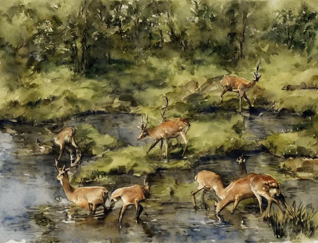 Prompt: watercolor sketch by anders zorn, deer drinking water by pond, nature art mockup