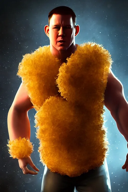 Image similar to channing tatum in a tater tot costume, tater tot face, ef 8 5 mm f 1. 8 usm, bionic scifi alexandre ferra, hyper detailed, digital art, trending in artstation, cinematic lighting, studio quality, smooth render, unreal engine 5 rendered, octane rendered