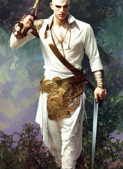 Image similar to a young man with wide, intense eyes. he is bald and clean shaven, dressed entirely in white and holding a huge sword. painting by artgerm and greg rutkowski and alphonse mucha