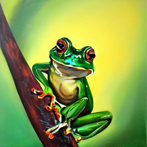 Image similar to beautiful oil painting of frog on a tree, sunlight, award - winning, matte,