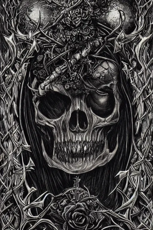 Prompt: Portrait of the Prince of Entropy, gothic, high fantasy, black paper, dark atmosphere, skulls, thorns, black roses, detailed, cinematic, ornate, tarot card, highly detailed, ink illustration, golden ratio, 8k,