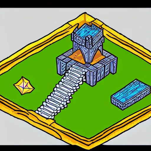 Prompt: isometric view of wizard tower, colored lineart from resource gathering game