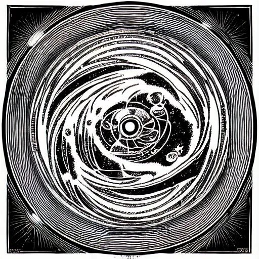 Prompt: detailed desaturated art deco style ink drawing of detailed space maelstrom, highly detailed, Nigredo, dark enlightenment, alchemy, Vibrant volumetric natural light.