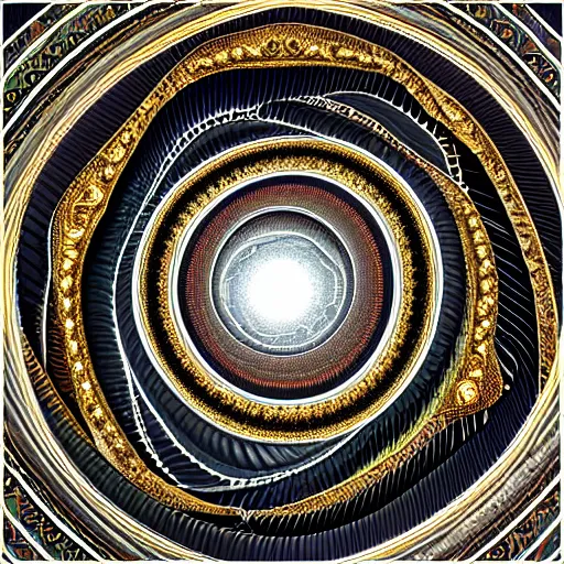Image similar to three dimensional multilayered patterns inside a spiraling vortex, intricate detail, complex, jade, gold, silver, obsidian, ornate,