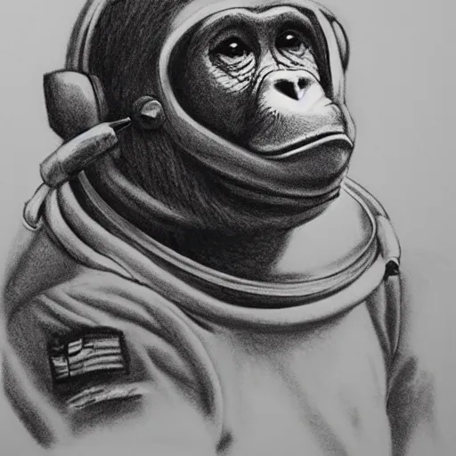 Image similar to pencil art, realistic self portrait, astronaut with a chimpanzee posing on a chair.