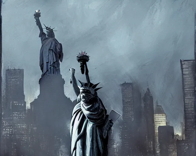 Image similar to Donald Trump attcking the Statue of Liberty in Manhattan, post apocalyptic New York, craig mullins, dramatic lighting, very detailed