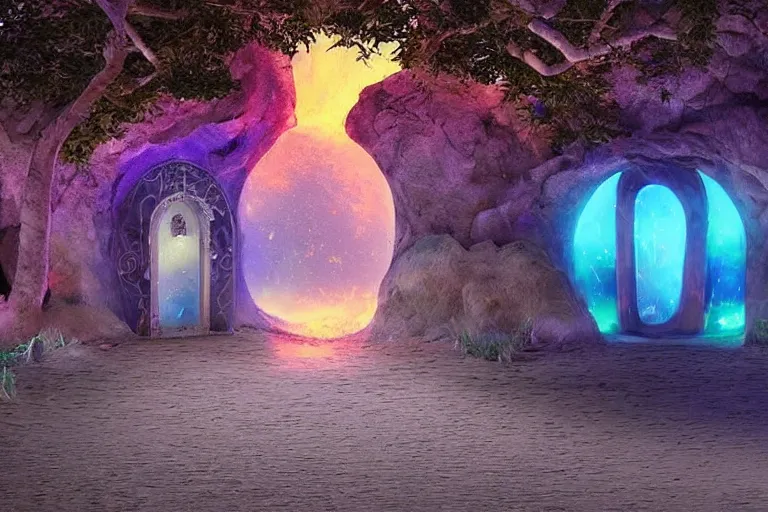 Prompt: a magical glowing portal in the middle of a city that leads to a beach, through the portal you can see a beach, realistic