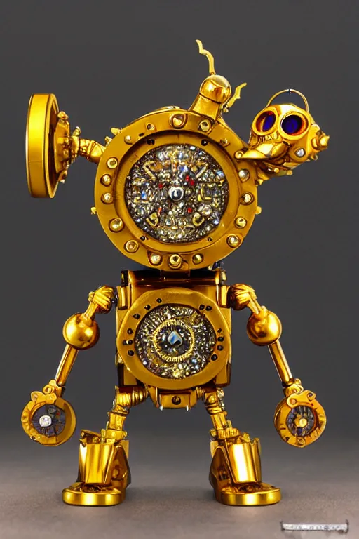 Prompt: robotic steampunk golden gem - encrusted owl sorcerer