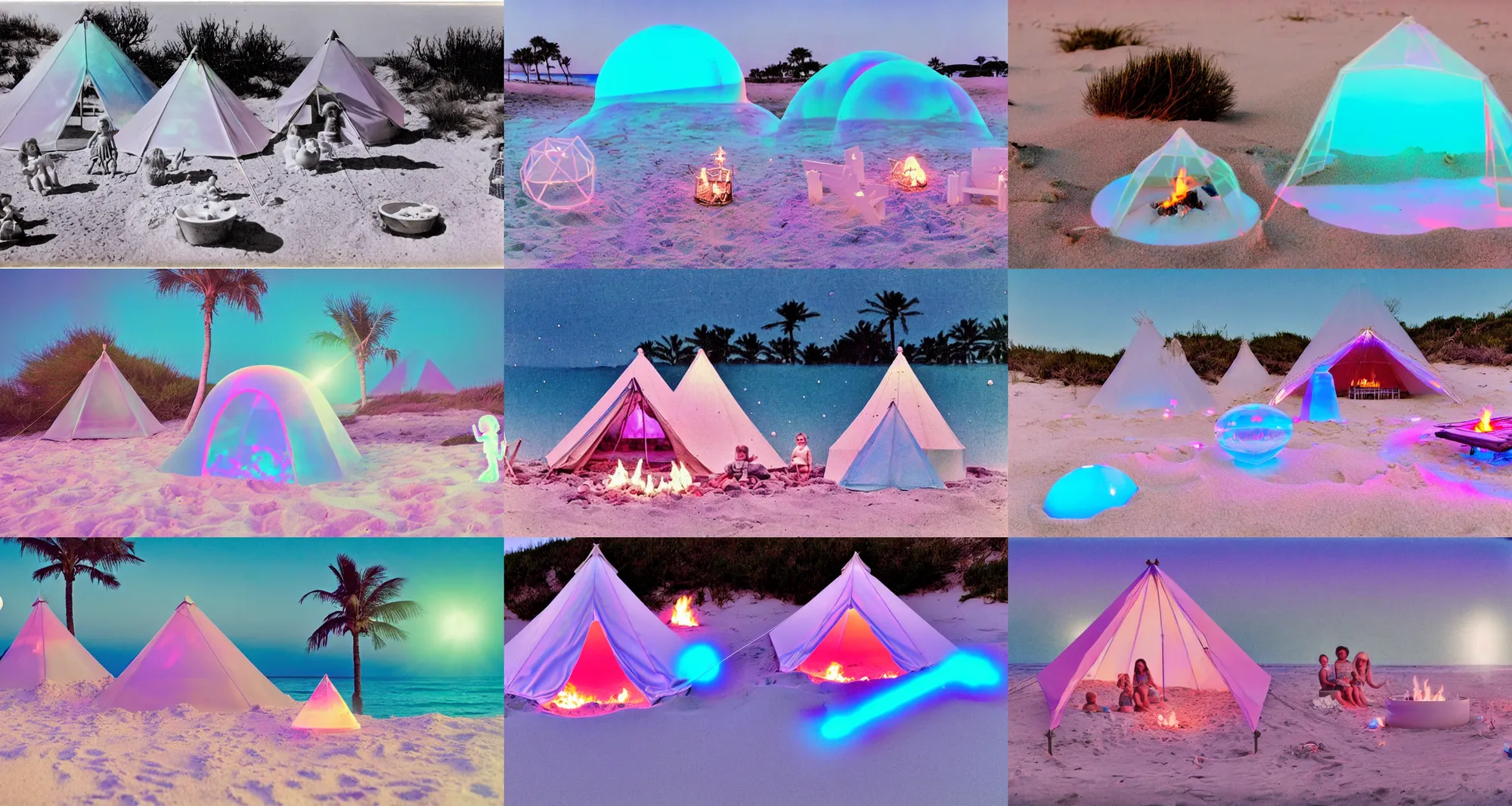 Prompt: a vintage family holiday photo of an empty beach from an alien dreamstate world with chalky pink iridescent!! sand, reflective lavender ocean water, bioluminescent plant life and a pale igloo shaped plastic transparent bell tent surrounded by holiday clutter opposite a fire pit with an iridescence blue flame. refraction, volumetric, light.