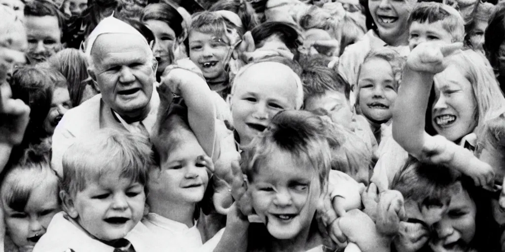 Image similar to John Paul II with a smirk on his face surrounded by children