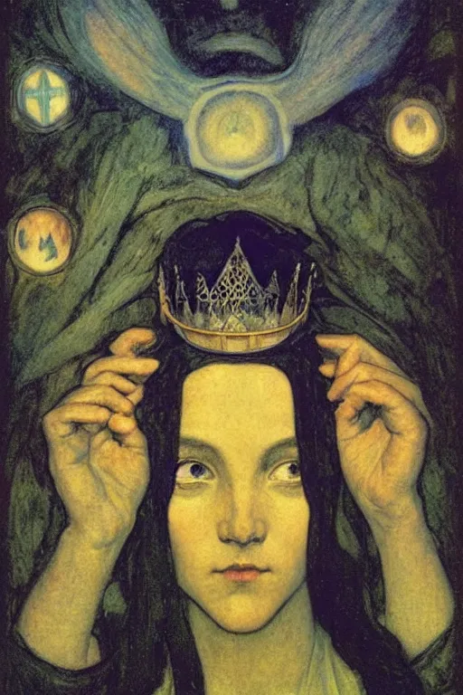 Image similar to child of darkness with her crown and lantern, by Annie Swynnerton and Nicholas Roerich and jean delville, dramatic cinematic lighting , ornate headdress , flowing robes, sacred artifacts, lost civilizations, smooth, sharp focus, extremely detailed