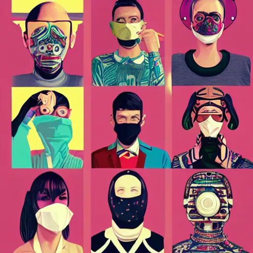 Image similar to Fashion weak portrait of people with sanitary mask, Tristan Eaton, artgerm, Victo Ngai, RHADS, ross draws