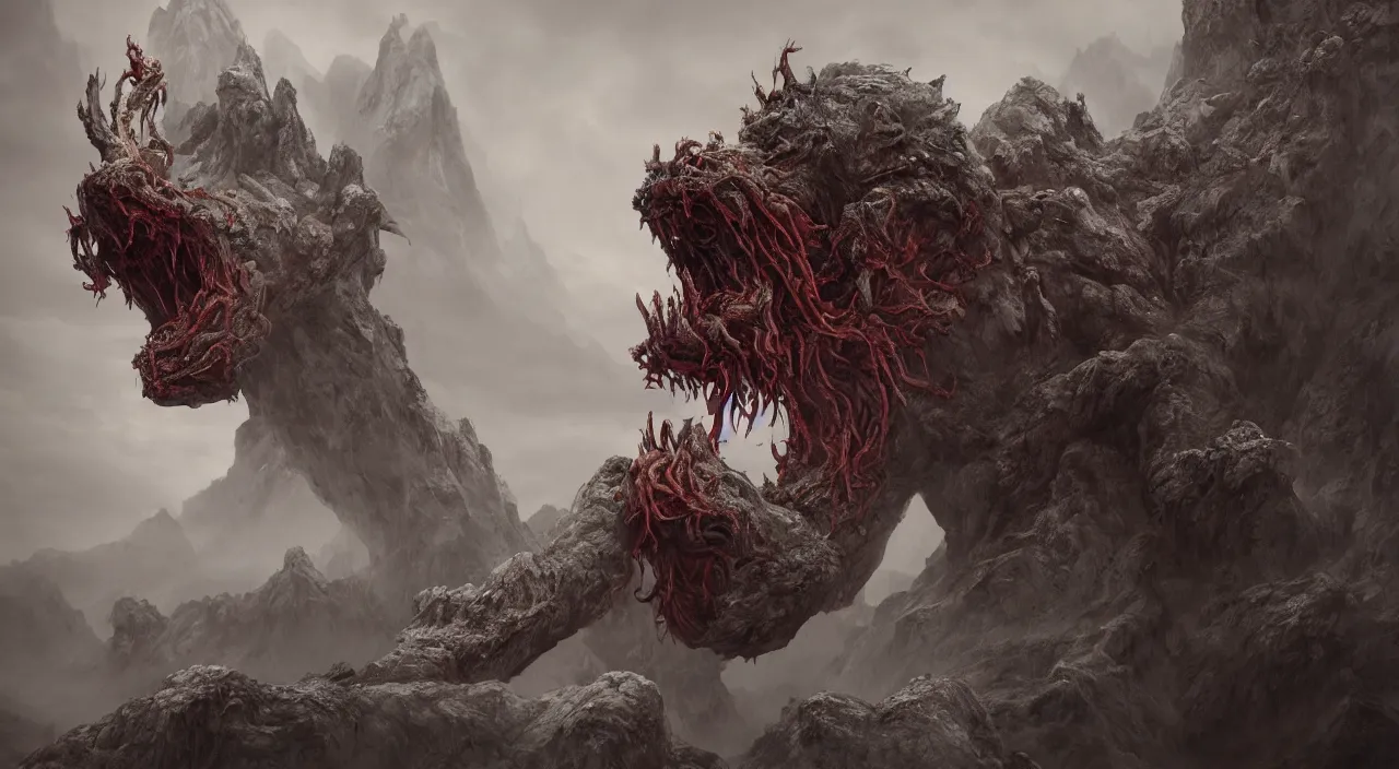 Image similar to a epic monster from chinese myth 山 海 经, 饕 餮, by zdzislaw beksinski, by josip csoor, portrait, photorealistic, volumetric lighting, horror, detailed, intricate, elden ring, raytrace, octane, cgscociety,