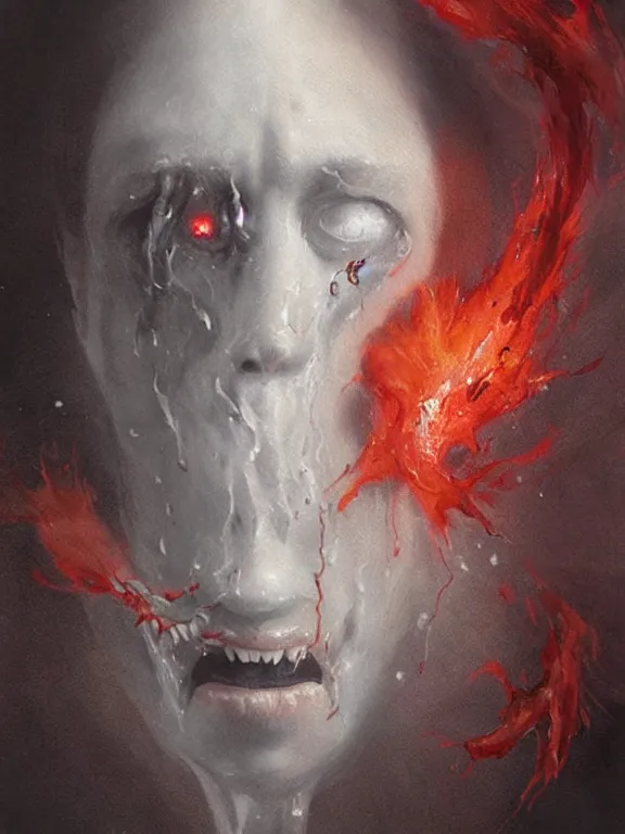 Prompt: painting by greg rutkowski of a flying sorrowful looking human head with tears running down it's eyes, face that is chalk white in color, with long white tentacles stemming from it's neck, fiery scorching red eyes, flying in a terrying hellish dark cavernous place