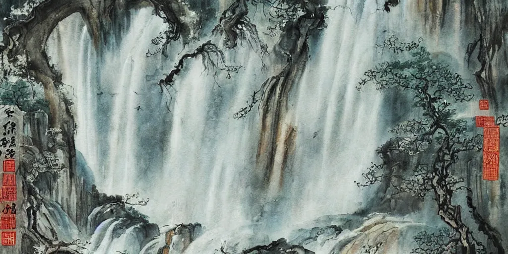 Image similar to “ large ancient gate in the middle of waterfall in chinese watercolor painting, oil painting, masterpiece, aesthetic ”