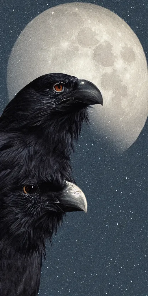 Prompt: close up portrait, crow in front of the full big moon, fantasy digital art, high definition, 8k, high details, high quality, golden and silver colors