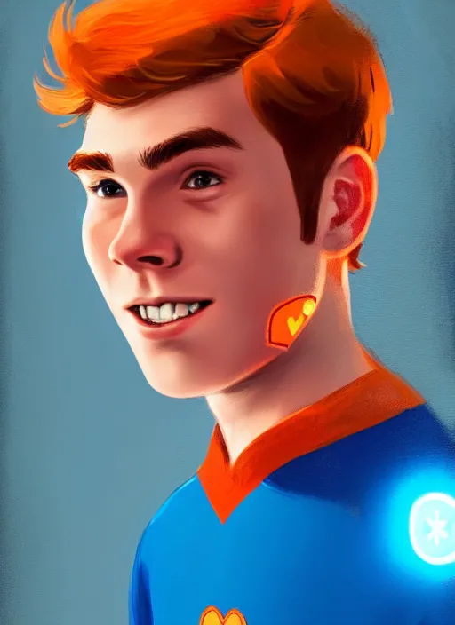 Image similar to friendly teenage archie andrews wearing an orange superhero costume with heart logo, heart, freckles, blue cape, heart emblem on chest, blue cape, intricate, elegant, glowing lights, highly detailed, digital painting, artstation, sharp focus, illustration, art by wlop, mars ravelo and greg rutkowski