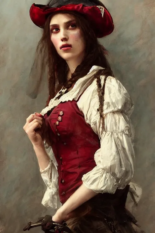 Image similar to Solomon Joseph Solomon and Richard Schmid and Jeremy Lipking victorian genre painting full length portrait painting of a young beautiful woman traditional german french fashion model pirate wench in fantasy costume, red background