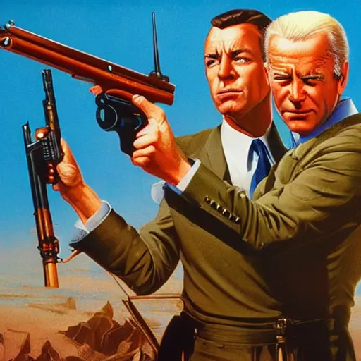 Image similar to propaganda poster of joe biden pointing gun directly at camera in james bond movie, closeup of gun, visible barrel and grip by j. c. leyendecker, bosch, lisa frank, jon mcnaughton, and beksinski