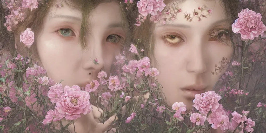 Image similar to breathtaking detailed weird concept art painting of few goddesses of light pink flowers, orthodox saint, with anxious, piercing eyes, ornate background, amalgamation of leaves and flowers, by Hsiao-Ron Cheng, extremely moody lighting, 8K