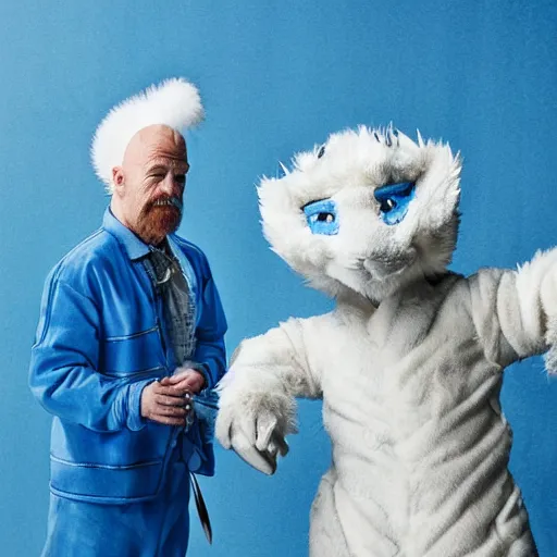 Prompt: white and blue furred dragon with walter white