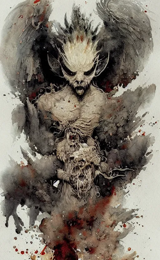 Prompt: detailed terrifying bird god by Jean-Baptiste Monge and frank frazetta , post processing, painterly, book illustration watercolor granular splatter dripping paper texture, ink outlines, painterly, trending on artstation, trending on pinterest childrens art