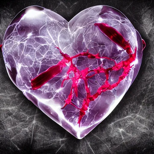 Image similar to crystaline heart filled with blood veins and fire