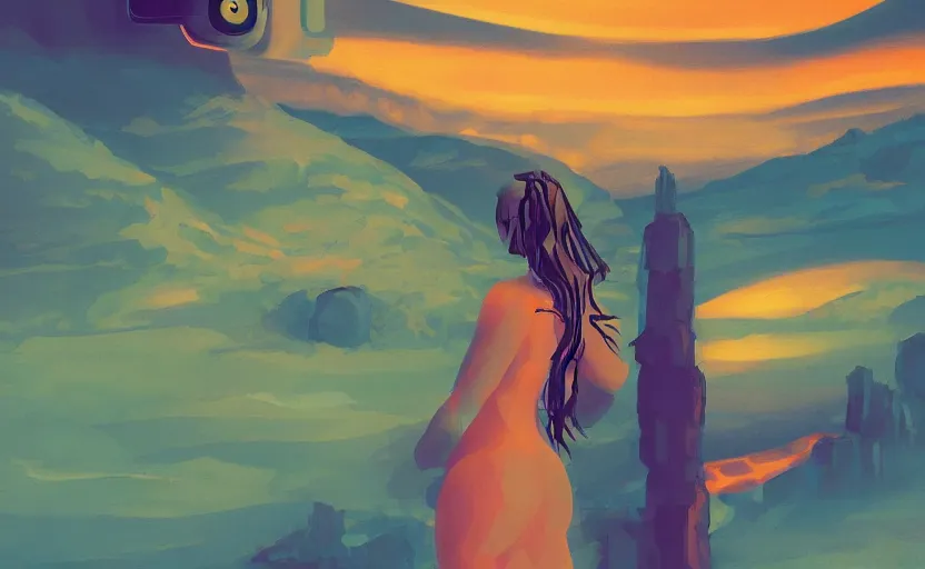 Image similar to it feels like something to be anything. Woman and her robot in a beautiful landscape. Rough strokes and grainy. Interesting colour scheme. Detailed. Beautiful digital art by artist Lurid. (2022)