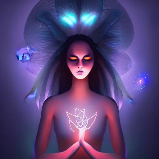 Image similar to mystical female creature with glowing energies and particals, surrounded by spirits, gloomy cinematic lighting, highly detailed, illustrated novel