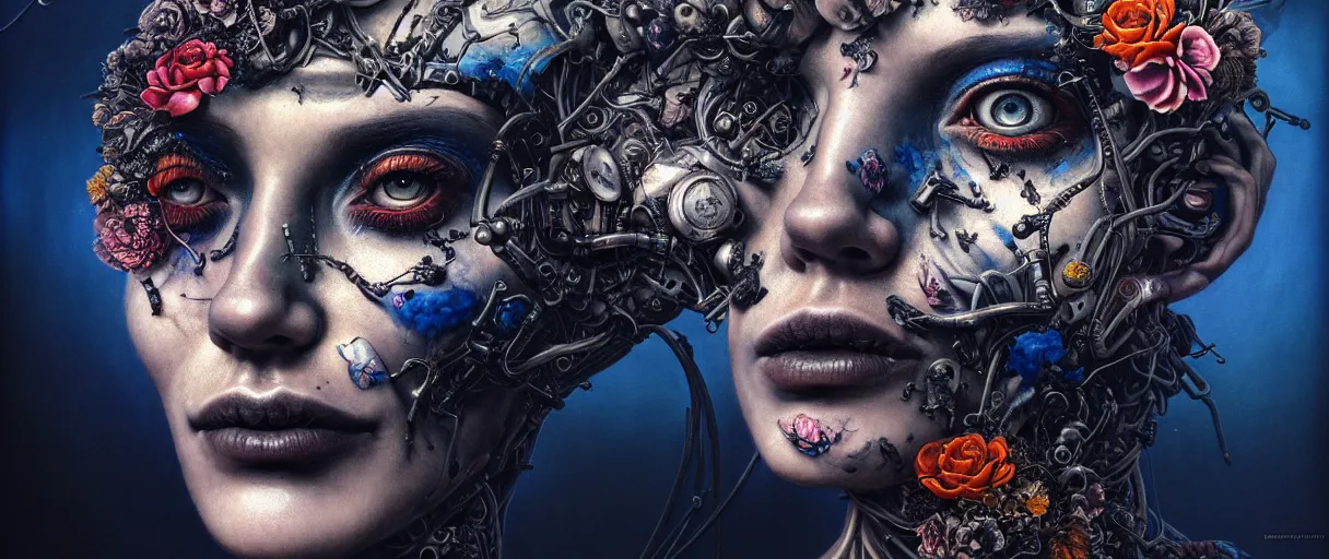 Prompt: hyperrealistic hyper detailed neo-surreal close-up 35mm portrait of cyborg covered in rococo black flower tattoos matte painting concept art hannah yata very dramatic dark blue lighting low angle hd 8k sharp shallow depth of field