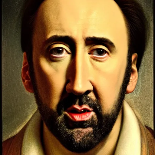 Image similar to Senator Nicolas Cage Portrait, closeup, baroque painting, beautiful detailed intricate insanely detailed 8K artistic photography, photorealistic, chiaroscuro, Raphael, Caravaggio