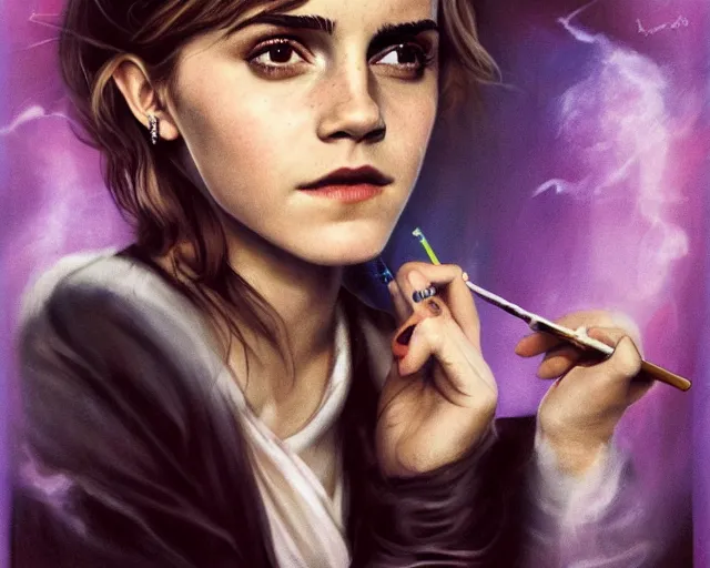 Image similar to emma watson as sherlock biting a cigarette pipe, airbrush art, drew struzan illustration art, key art, movie poster