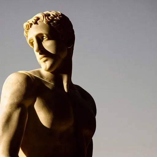 Image similar to ryan gosling as roman statue, dramatic light, reflective, clear face