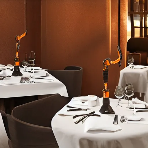 Prompt: kuka industrial robot arms having dinner inside a fine dining restaurant with global illumination