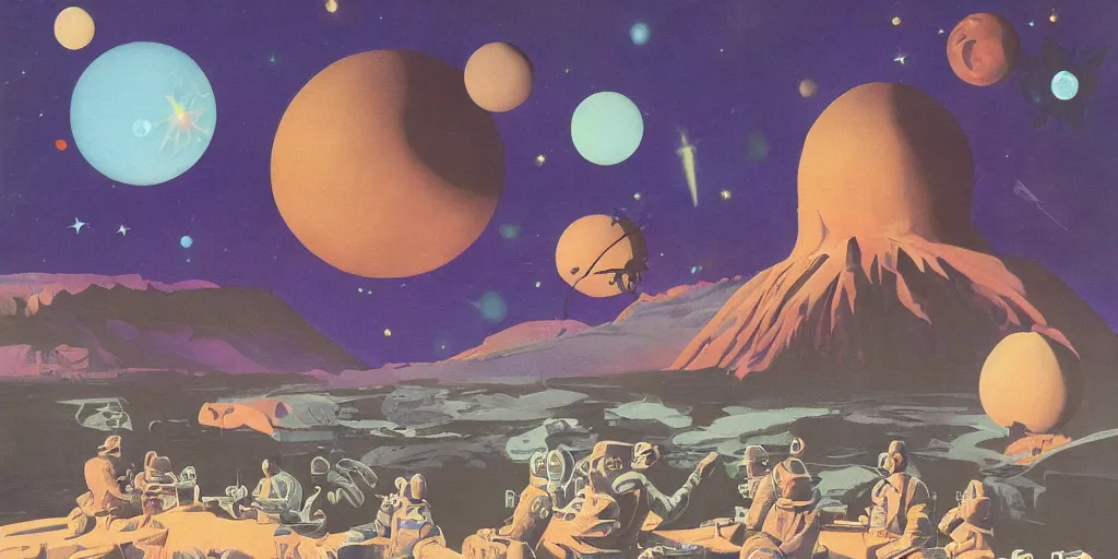 Image similar to surreal painting by chesley bonestell!!, twelve astronauts sitting by the river with a big holiday cake + psychedelic vegetation + purple, pink, blue + planets and stars + mystical fog, vintage sci - fi style of the 5 0 s, rule of the third!!!!, line graphics, 8 k, super detail, high quality