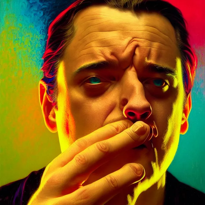 Prompt: bright psychedelic portrait of mike patton puking, diffuse lighting, fantasy, intricate, elegant, highly detailed, lifelike, photorealistic, digital painting, artstation, illustration, concept art, smooth, sharp focus, art by John Collier and Albert Aublet and Krenz Cushart and Artem Demura and Alphonse Mucha