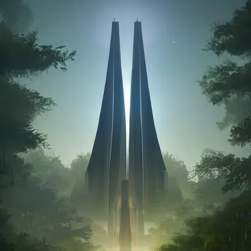 Image similar to tall futuristic temple towering above big green trees, stars in the sky, dramatic lighting, artstation, matte painting, raphael lacoste, simon stalenhag, frank lloyd wright