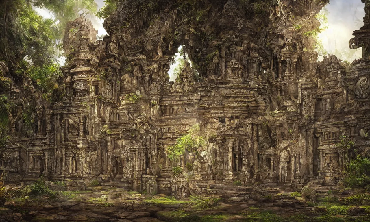 Image similar to hidden biomechanical ancient temple in a beautiful sri lankan landscape, concept art, intricate detail, volumetric shadows and lighting, realistic oil painting,