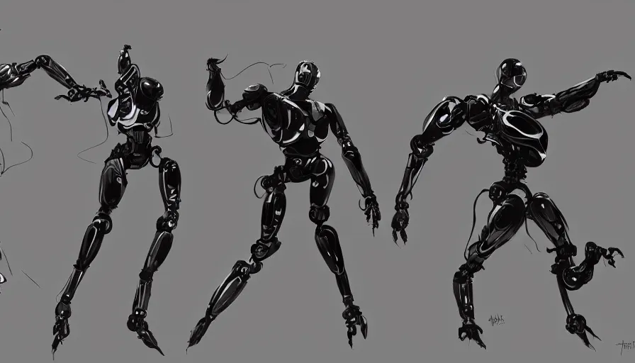 Image similar to concept art of robotic in dynamic pose by jama jurabaev, trending on artstation, high quality, brush stroke, for aaa game