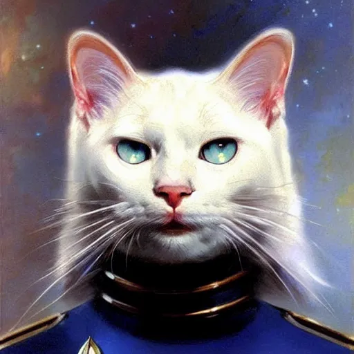 Image similar to a portrait of a manly white cat feline, blue eyes, star trek the next generation. highly detailed painting by gaston bussiere, craig mullins, j. c. leyendecker, furry