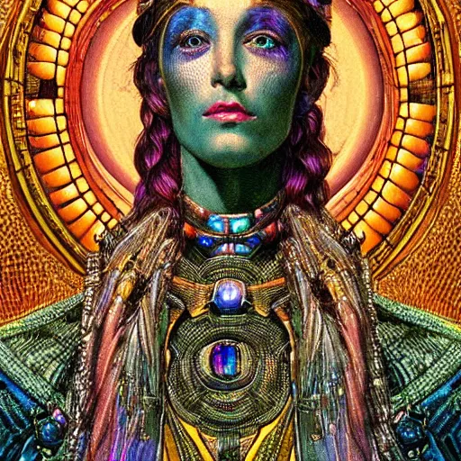 Image similar to close - up renaissance portrait of an iridescent art deco android priestess, reflective detailed textures, highly detailed fantasy science fiction painting by moebius, norman rockwell and william holman hunt. modern industrial shaman, rich colors, high contrast. artstation
