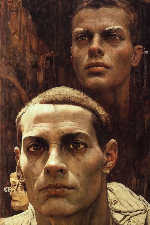 Image similar to a closer personal portrait of man with very piercing eyes, very charismatic. in the old ancient temple of the sphinx. masterpiece, dark. painted by norman rockwell and james gurney