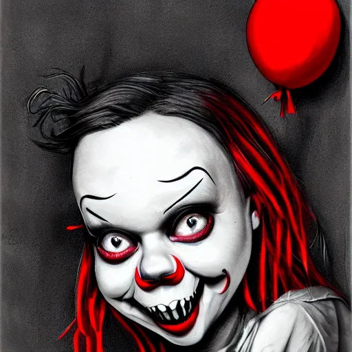 Image similar to surrealism grunge cartoon sketch of billie eilish with a wide smile and a red balloon by - michael karcz, loony toons style, pennywise style, horror theme, detailed, elegant, intricate