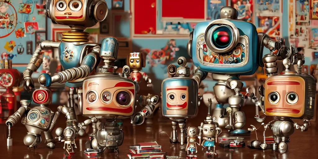 Image similar to closeup portrait of tin toy retro living room of robot family, depth of field, zeiss lens, detailed, centered, fashion photoshoot, by nicoletta ceccoli, mark ryden, lostfish, breathtaking, 8 k resolution, extremely detailed, beautiful, establishing shot, artistic, hyperrealistic, octane render, - h 8 0 4