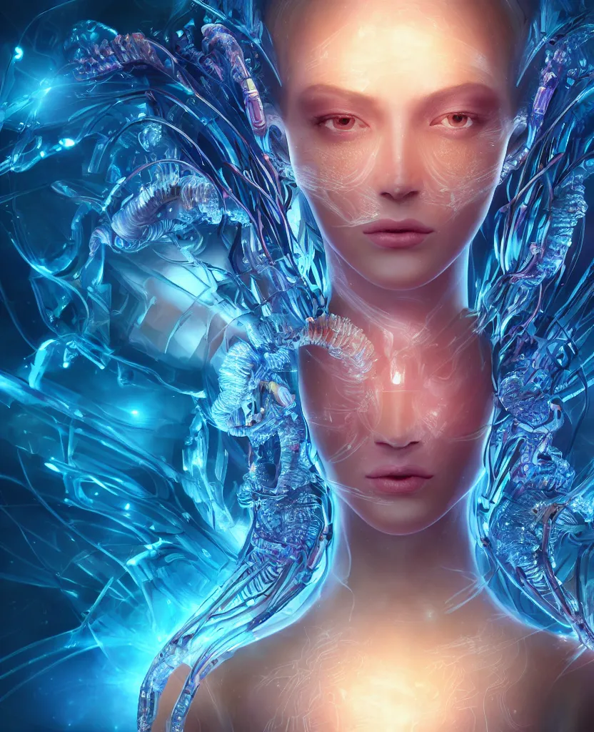 Image similar to epic futuristic ancient close-up macro portrait of the face of a beautiful princess, epic angle and pose, symmetrical artwork, 3d with depth of field, blurred background, cybernetic jellyfish crystal, obsidian, female face skull phoenix bird, translucent, nautilus, energy flows of water and fire. a highly detailed epic cinematic concept art CG render. made in Maya, Blender and Photoshop, octane render, excellent composition, cinematic dystopian brutalist atmosphere, dynamic dramatic cinematic lighting, aesthetic, very inspirational, arthouse. y Greg Rutkowski, Ilya Kuvshinov, WLOP, Stanley Artgerm Lau, Ruan Jia and Fenghua Zhong