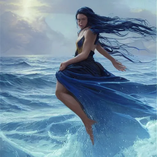 Prompt: beautiful portrait of a mystical long black haired goddess of the sea wearing long blue gold water robes rising up from the deep blue waves, oil painting by Greg Rutkowski and Charlie Bowater and Artgerm, unreal 5, DAZ, beautiful RPG Portrait, trending on artstation, dynamic lighting, misty, ocean, blue theme, afternoon light