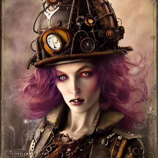 Image similar to rudolf freund dan mumford tom bagshaw, dream world curiosities carnival, photorealistic soft paint of a single very beautiful aristocrat full long steampunk armored, ultra deep fog, purple auburn hair, partial symmetry accurate features, focus, very intricate ultrafine details, award winning masterpiece, steampunk world