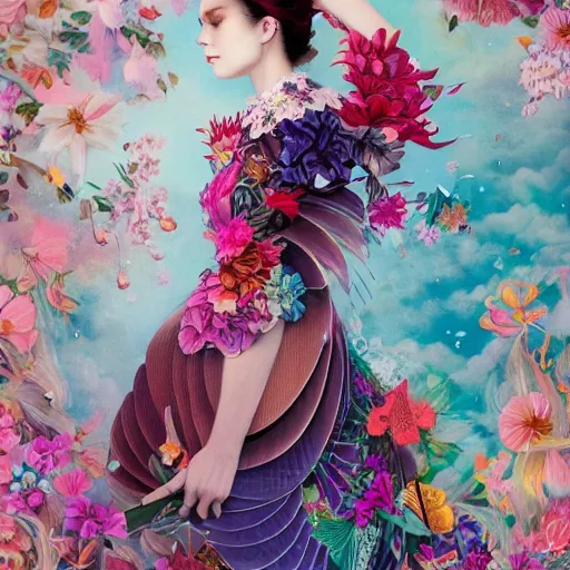 Image similar to 3 / 4 view of a beautiful girl wearing an origami dress, eye - level medium shot, fine floral ornaments in cloth and hair, hummingbirds, elegant, by eiko ishioka, givenchy, lisa frank, by peter mohrbacher, centered, fresh colors, origami, fashion, detailed illustration, vogue, high depth of field, japanese, reallusion character creator