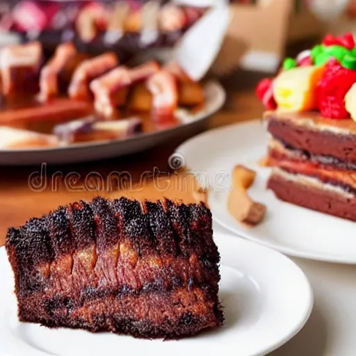 Prompt: delicious cake made out of BBQ meats, hyperrealistic, stock photo